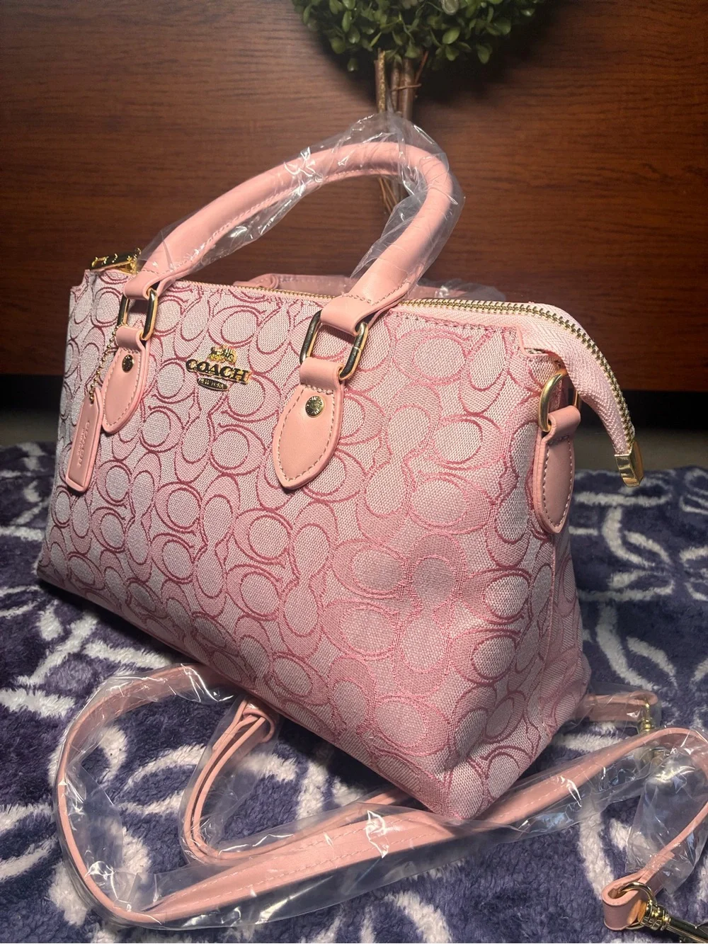 Coach Pink Signature Jacquard Satchel